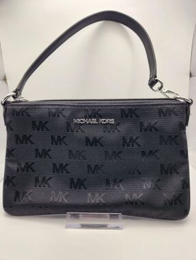 Michael Kors Black Jet Set Travel Woven Logo Nylon  Wristlet With Leather Trim.